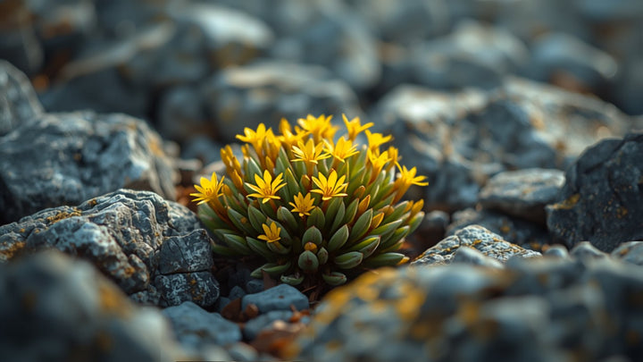 Rhodiola rosea, raíz dorada, flores amarillas en roca alpina - adaptógeno usado en COREX y PUMPX de Epic Labs