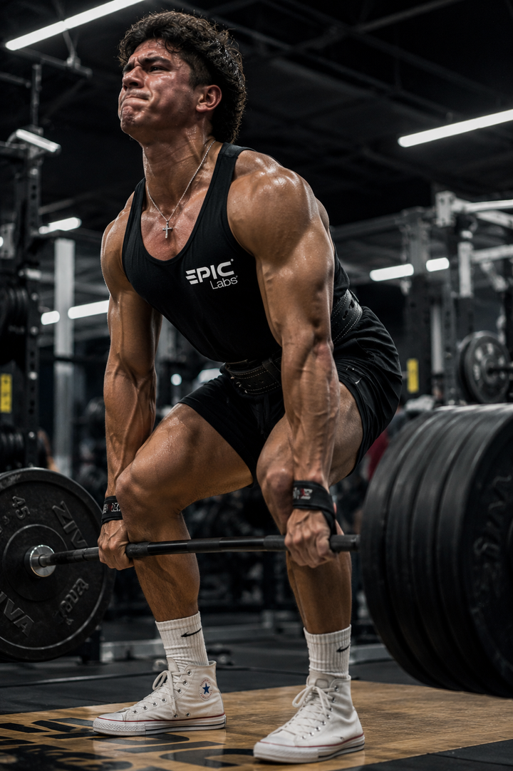 Atleta EPIC LABS entrenando con máxima intensidad y enfoque a pesar de la fatiga