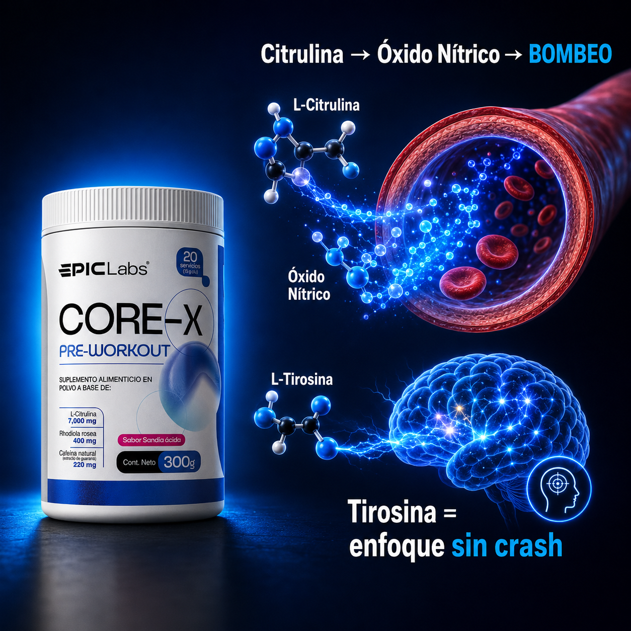 COREX® Pre-entreno clínico · Energía, enfoque y bombeo