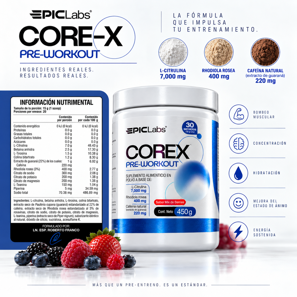 COREX® · Pre-entreno con cafeína · Energía, enfoque y bombeo