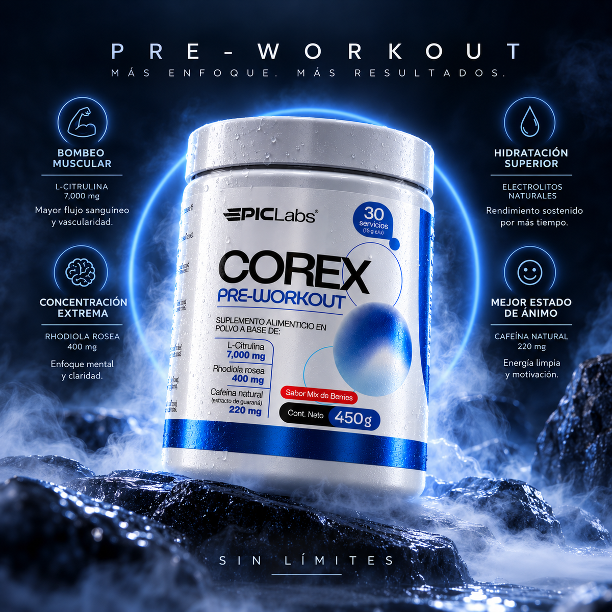 COREX® · Pre-entreno con cafeína · Energía, enfoque y bombeo
