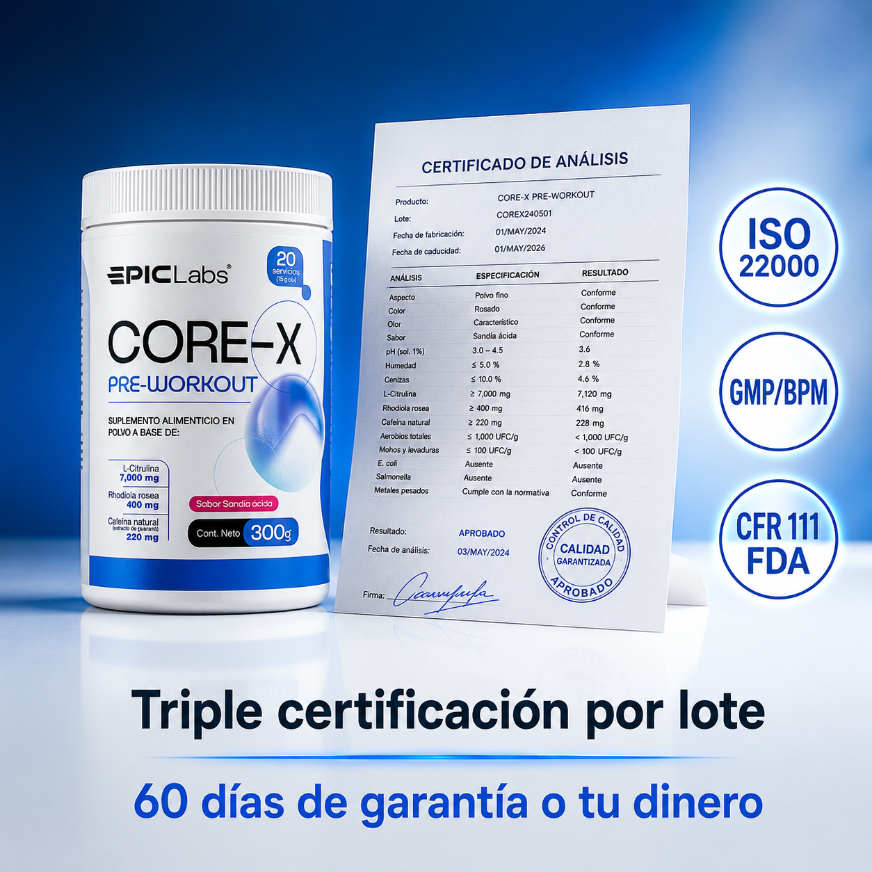 COREX® Pre-entreno clínico · Energía, enfoque y bombeo