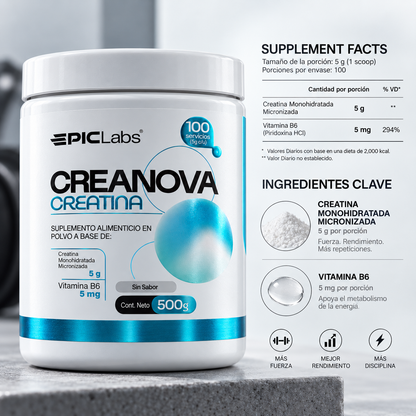 CREANOVA® · Creatina monohidrato + B6 · Fuerza, potencia y masa muscular