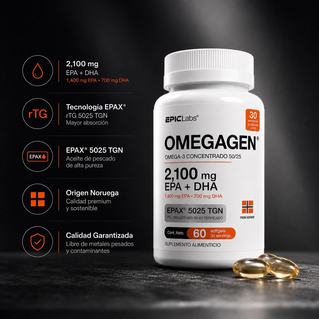 OMEGAGEN® Omega-3 Epax Concentrado 50/25 (Preventa) · 2,100 mg EPA + DHA