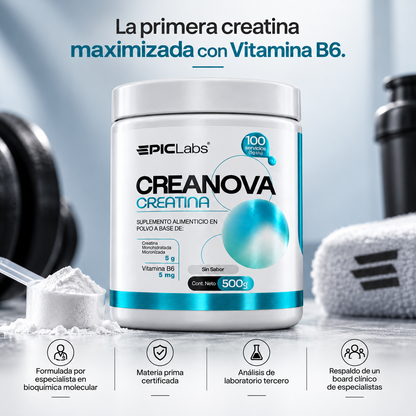 CREANOVA® · Creatina monohidrato + B6 · Fuerza, potencia y masa muscular