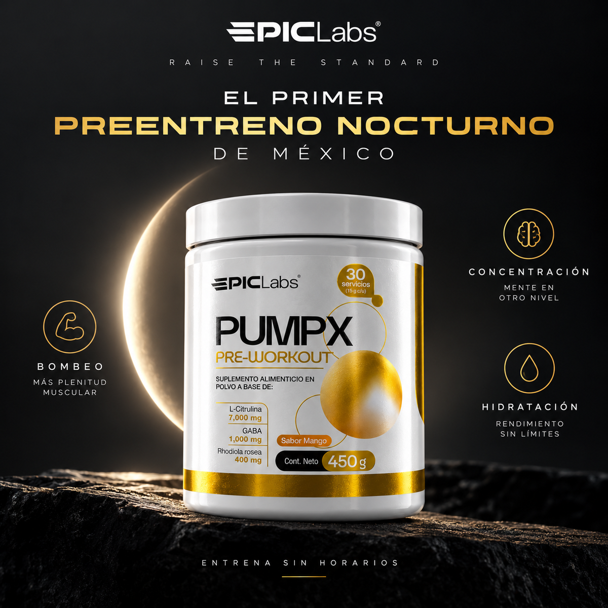 PUMPX® · Pre-entreno sin estimulantes · Bombeo y enfoque a cualquier hora