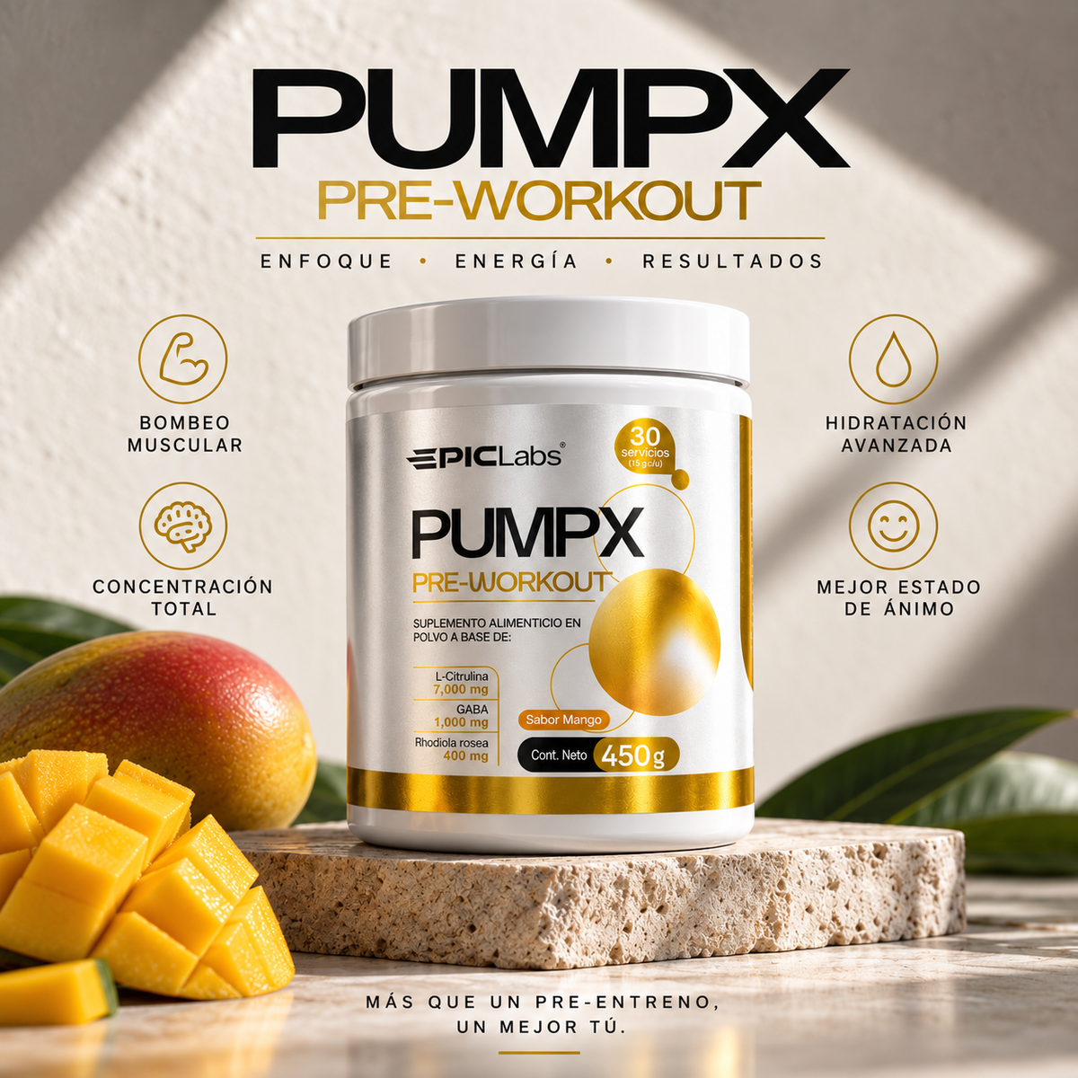 PUMPX® · Pre-entreno sin estimulantes · Bombeo y enfoque a cualquier hora