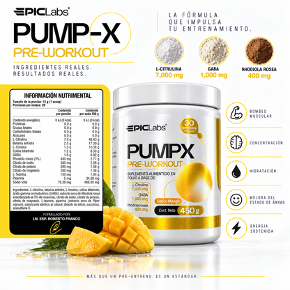 PUMPX® · Pre-entreno sin estimulantes · Bombeo y enfoque a cualquier hora