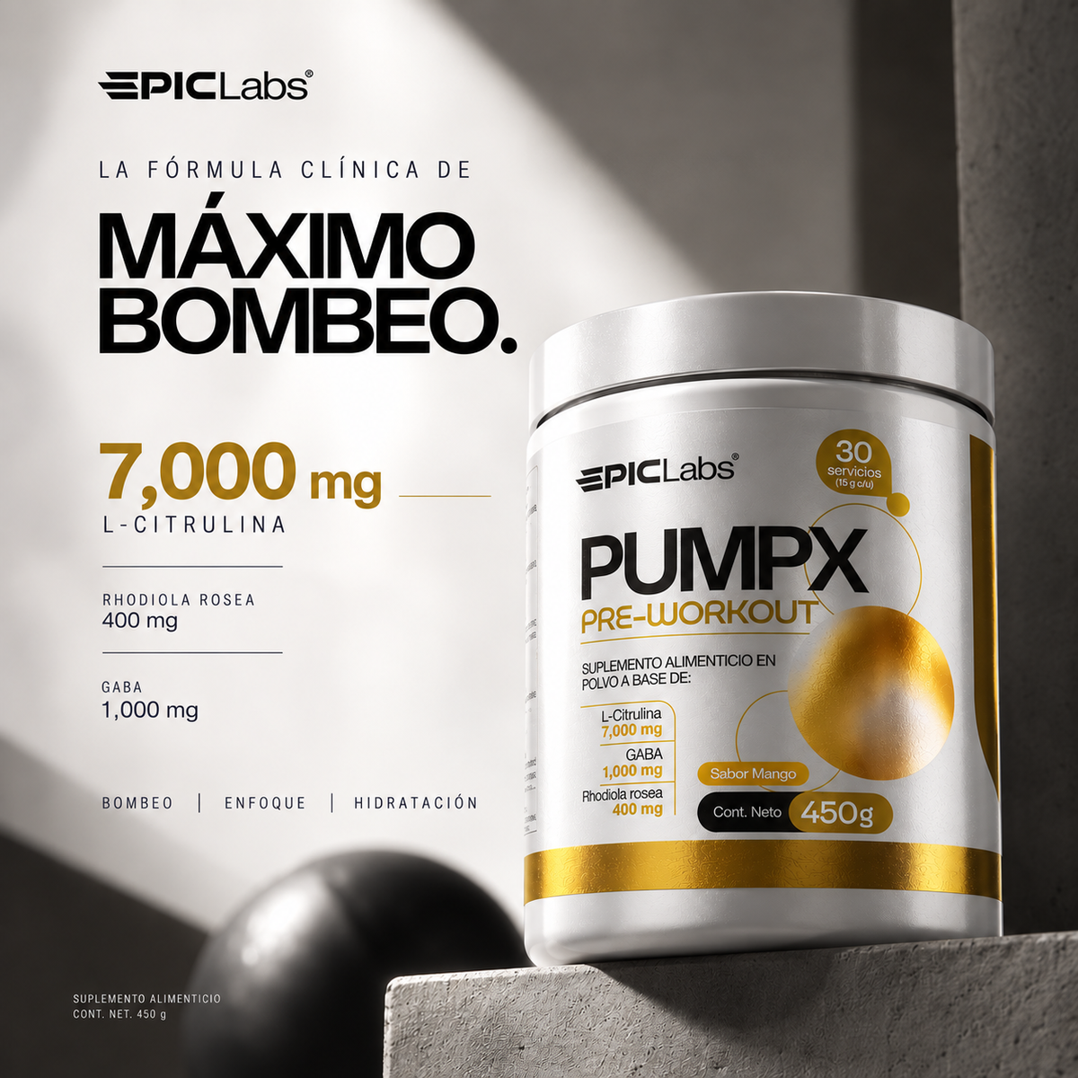 PUMPX® · Pre-entreno sin estimulantes · Bombeo y enfoque a cualquier hora