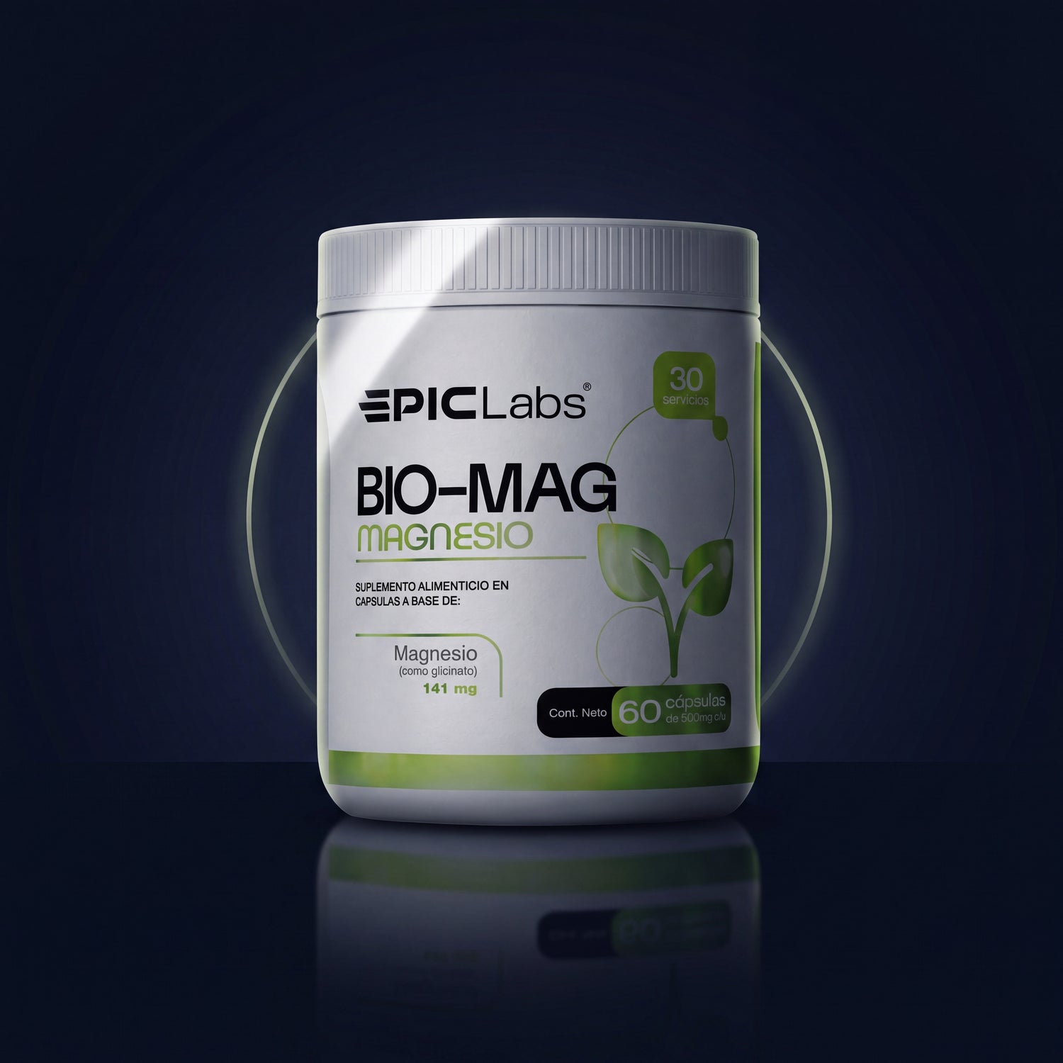 Packshot de BIOMAG estilo joyería sobre fondo navy