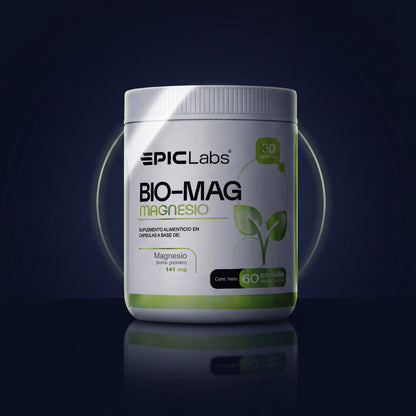 Packshot de BIOMAG estilo joyería sobre fondo navy