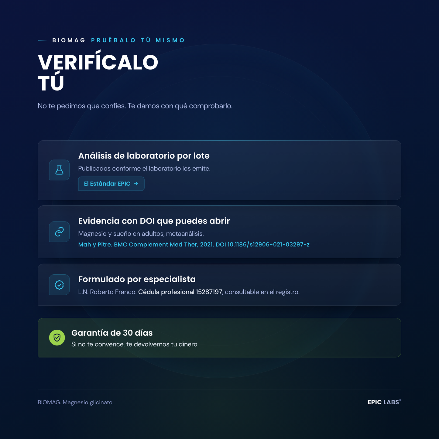 Como verificar BIOMAG: analisis de laboratorio por lote, evidencia con DOI, formulado por especialista con cedula y garantia de 30 dias