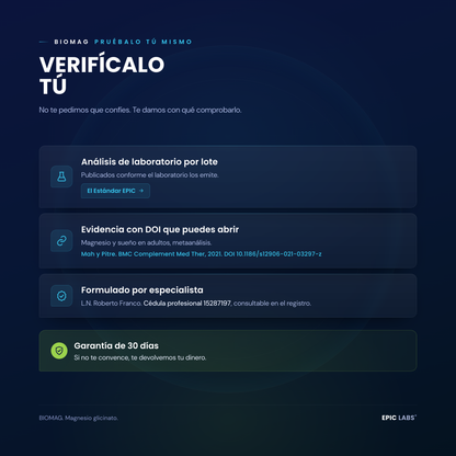 Como verificar BIOMAG: analisis de laboratorio por lote, evidencia con DOI, formulado por especialista con cedula y garantia de 30 dias