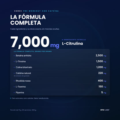 Formula completa de COREX en fondo navy: L-citrulina 7,000 mg y cafeina natural de guarana, cada ingrediente con su dosis a la vista