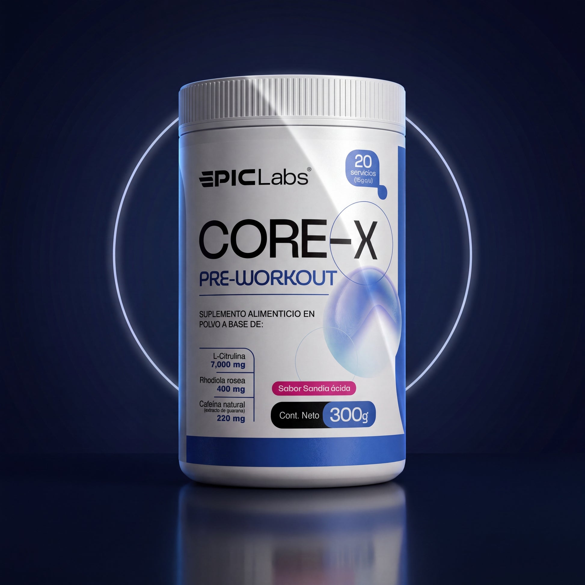 Packshot de COREX estilo joyería sobre fondo navy