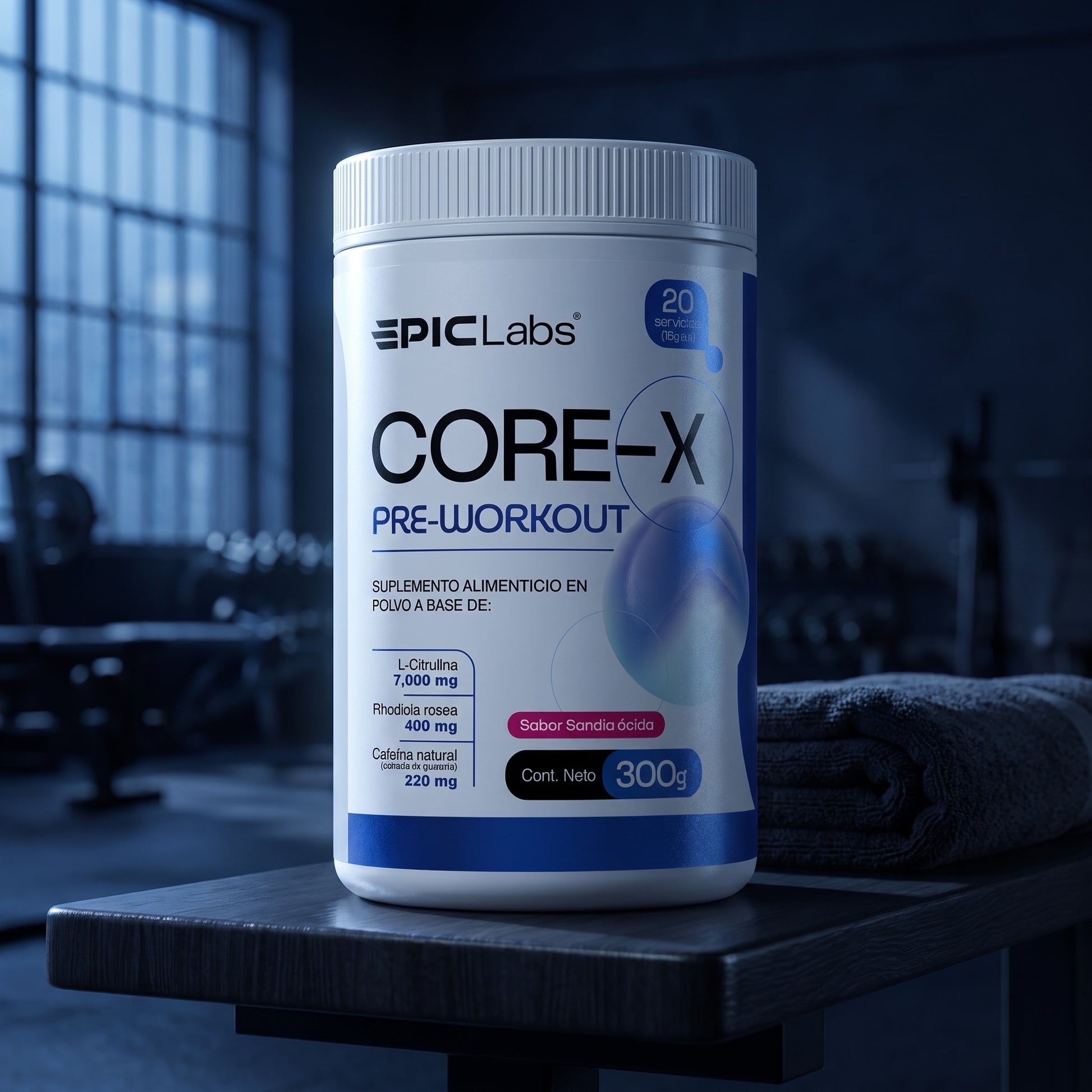 Bote de COREX pre-workout sobre una banca de madera en un gimnasio con luz azul