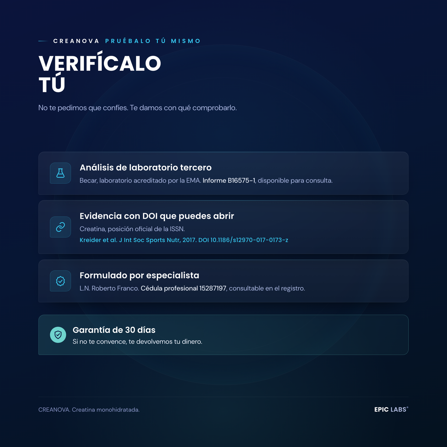 Como verificar CREANOVA: analisis de laboratorio de un tercero, evidencia con DOI, formulado por especialista con cedula y garantia de 30 dias