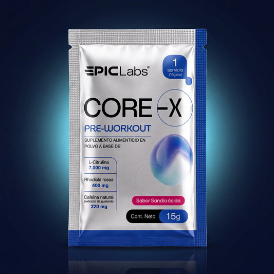 Sobre de COREX Pre-Entreno EPIC LABS sobre fondo azul marino con destello