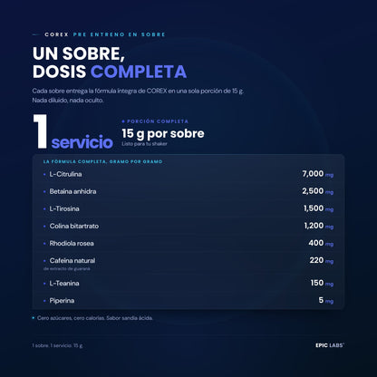 Un sobre de COREX entrega la formula completa en 15 g por servicio