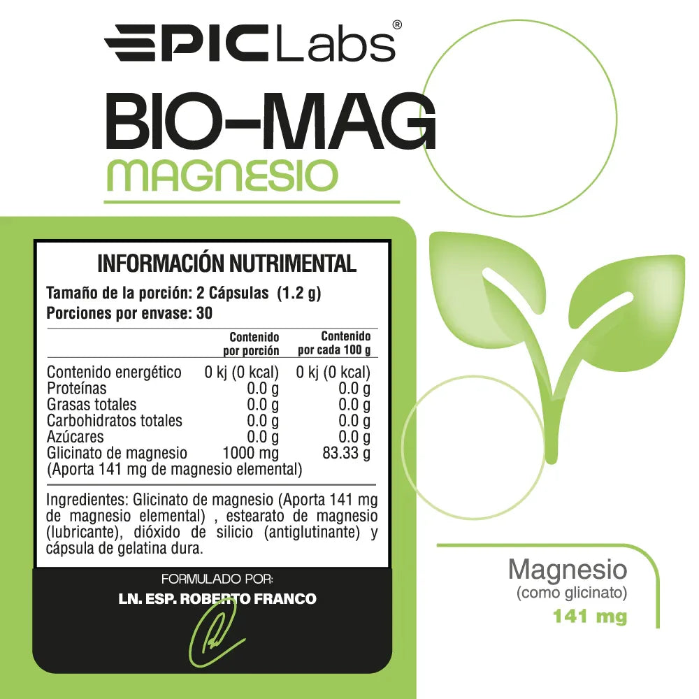 Empaque de BIO-MAG magnesio glicinato 60 cápsulas EPIC LABS