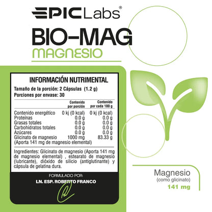 Empaque de BIO-MAG magnesio glicinato 60 cápsulas EPIC LABS