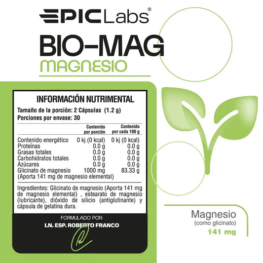 Empaque de BIO-MAG magnesio glicinato 60 cápsulas EPIC LABS