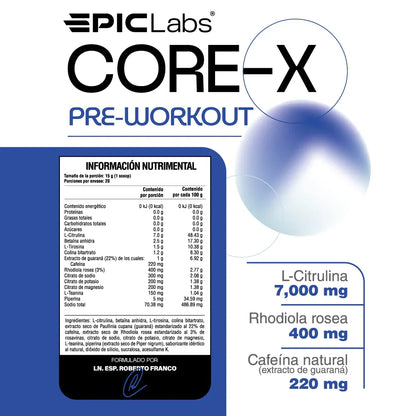 Empaque de pre-entreno EPIC LABS 300g, suplementación clínica