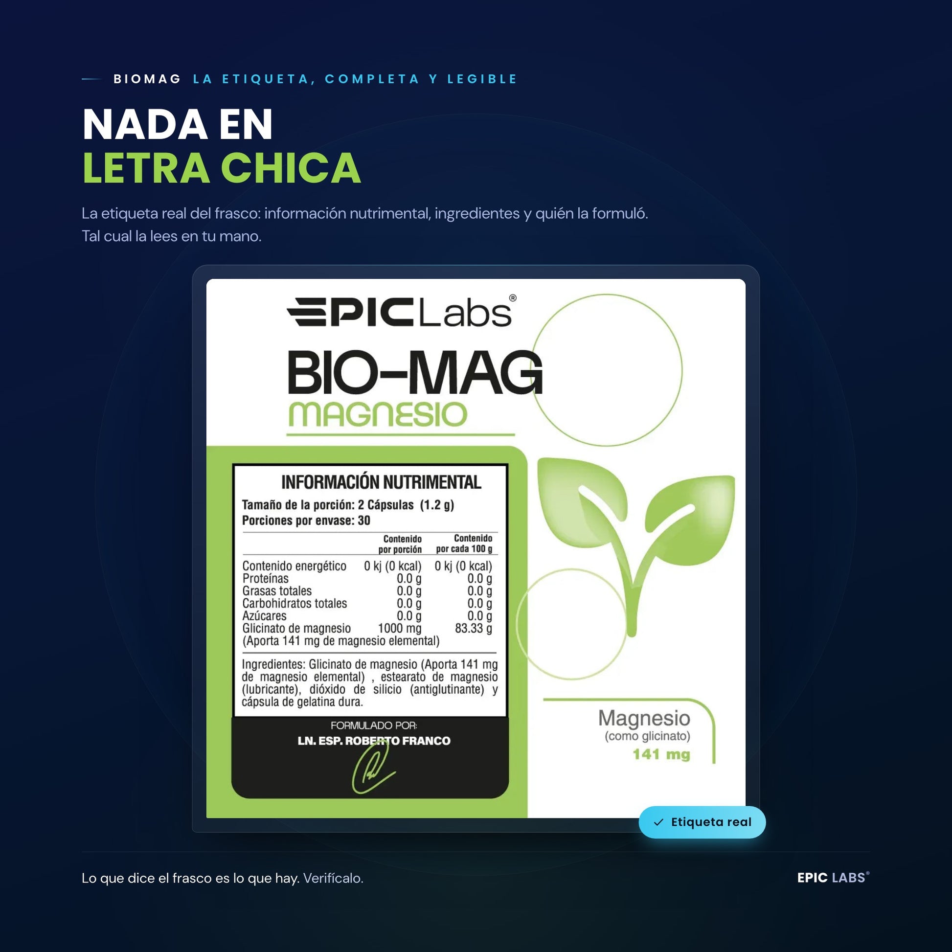 Etiqueta de BIOMAG: información nutrimental completa y legible
