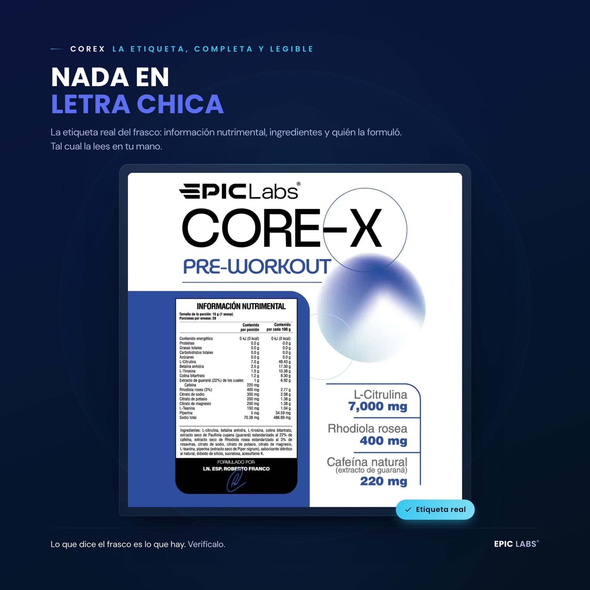 Etiqueta de COREX: información nutrimental completa y legible