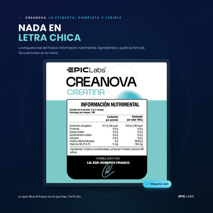 Etiqueta de CREANOVA: información nutrimental completa y legible
