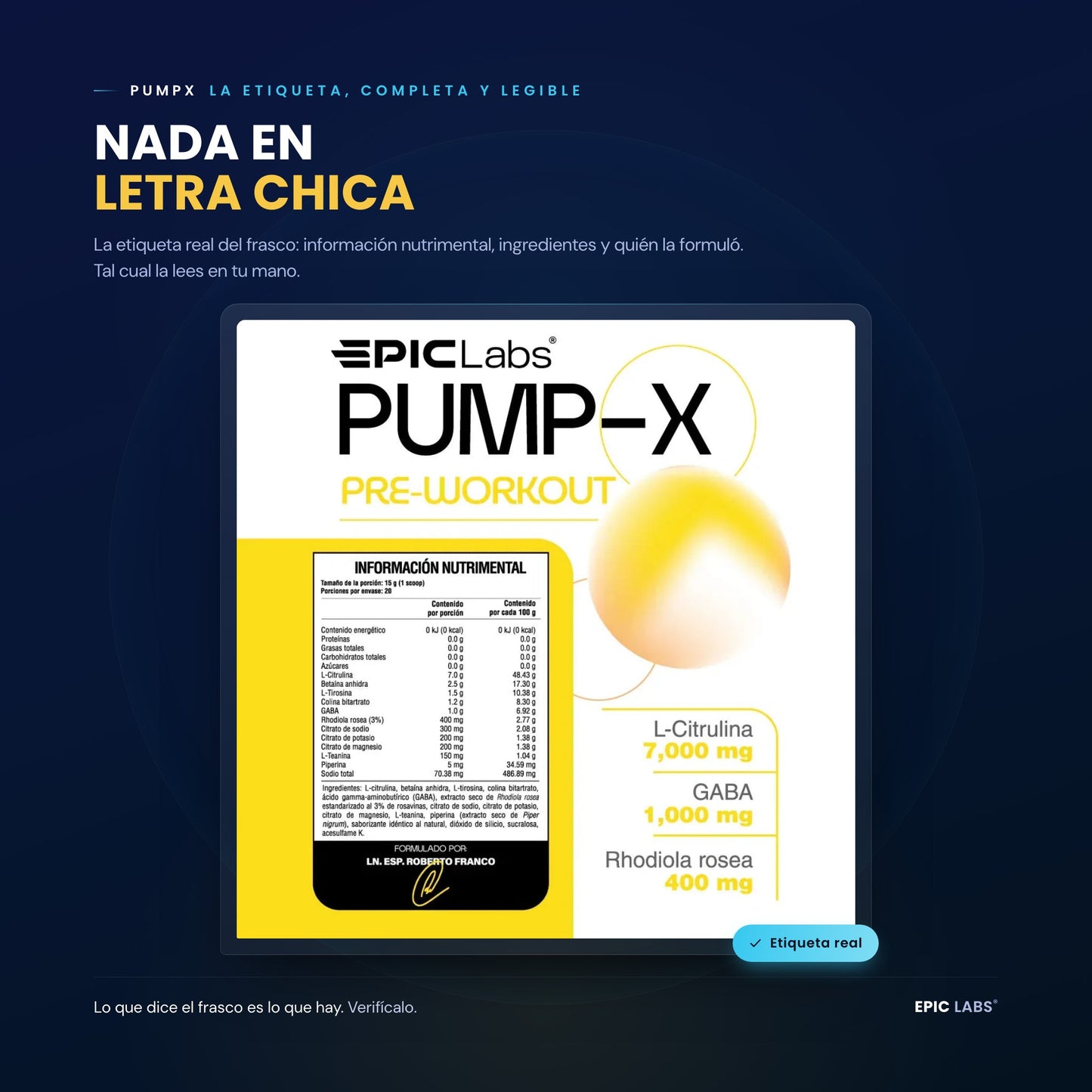 Etiqueta de PUMPX: información nutrimental completa y legible
