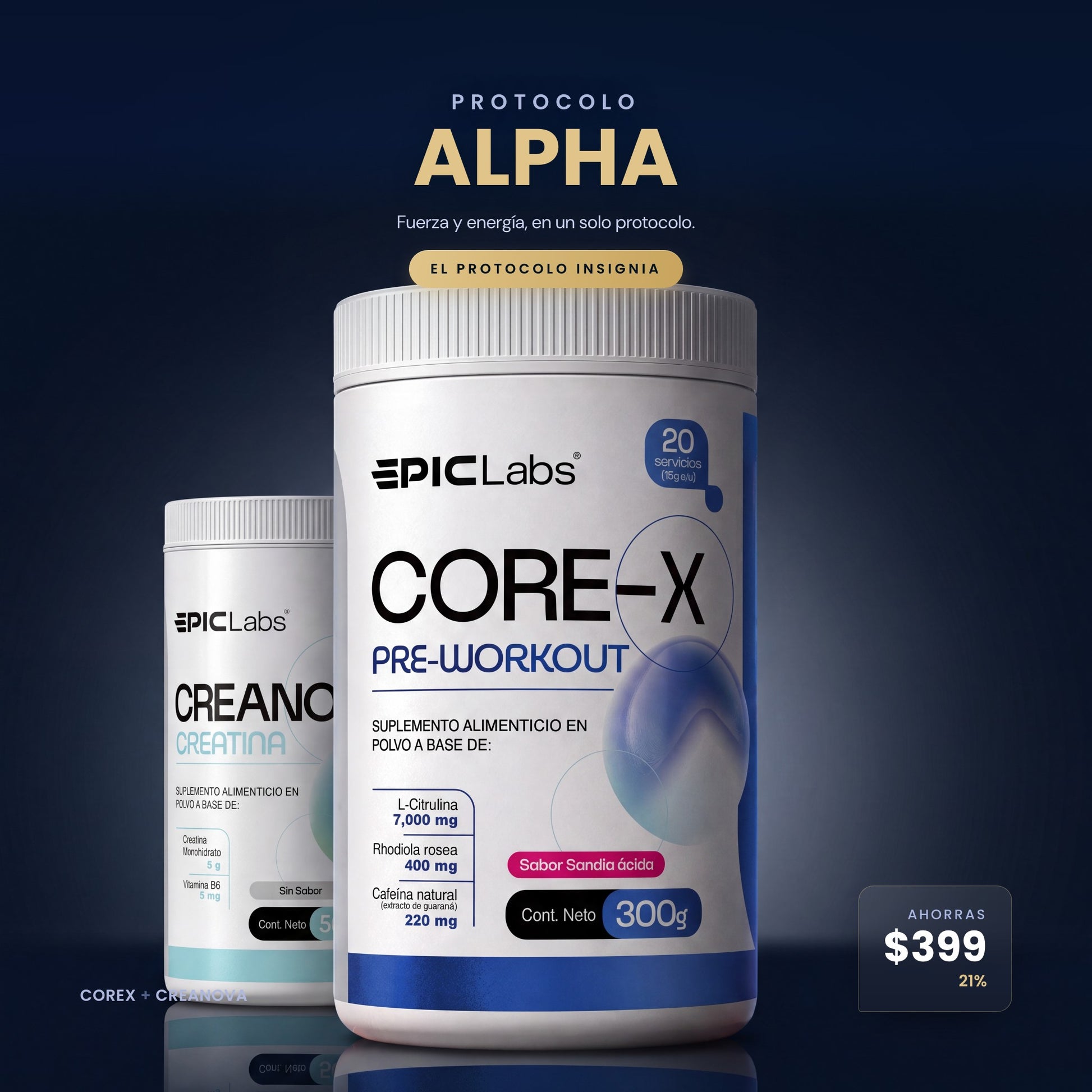 Protocolo ALPHA: COREX y CREANOVA en composición sobre fondo navy, EPIC LABS
