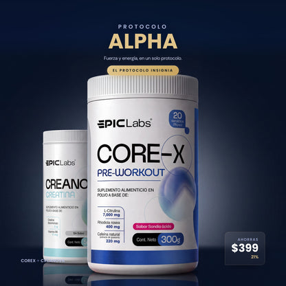 Protocolo ALPHA: COREX y CREANOVA en composición sobre fondo navy, EPIC LABS