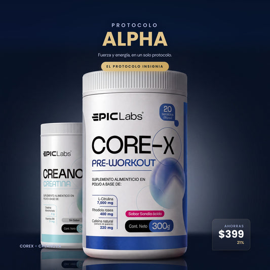 Protocolo ALPHA: COREX y CREANOVA en composición sobre fondo navy, EPIC LABS