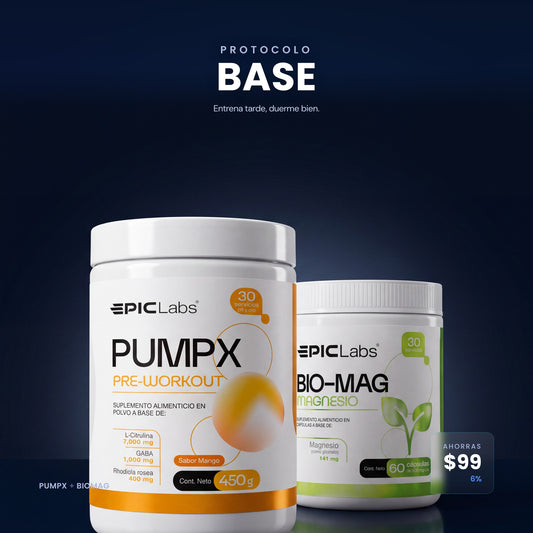 Protocolo BASE: PUMPX y BIOMAG en composición sobre fondo navy, EPIC LABS