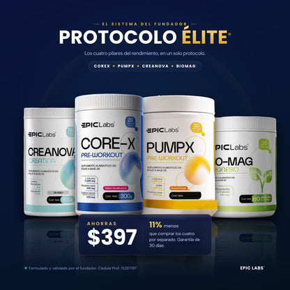 Protocolo ELITE: COREX, PUMPX, CREANOVA y BIOMAG en composicion sobre fondo navy, ahorras $397, garantia 30 dias, EPIC LABS