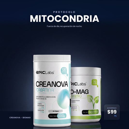 Protocolo MITOCONDRIA: CREANOVA y BIOMAG en composición sobre fondo navy, EPIC LABS