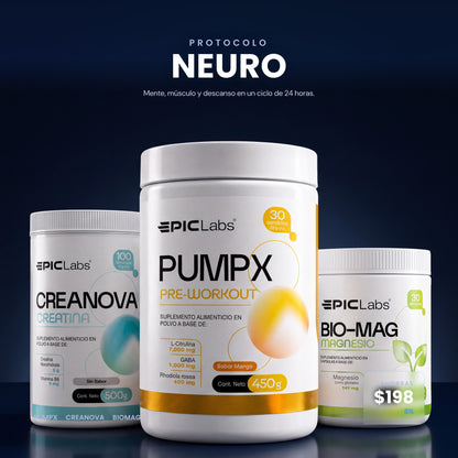 Protocolo NEURO: PUMPX, CREANOVA y BIOMAG en composición sobre fondo navy, EPIC LABS