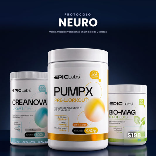 Protocolo NEURO: PUMPX, CREANOVA y BIOMAG en composición sobre fondo navy, EPIC LABS