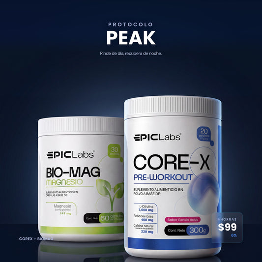 Protocolo PEAK: COREX y BIOMAG en composición sobre fondo navy, EPIC LABS