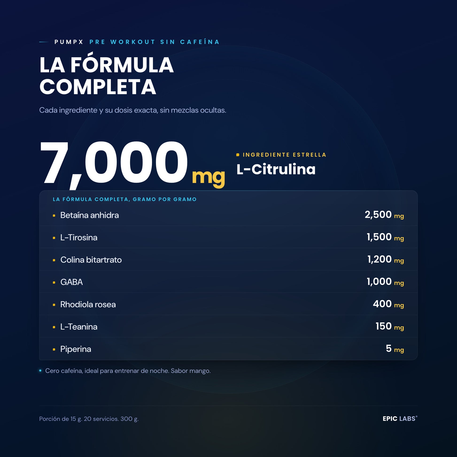 Formula completa de PUMPX en fondo navy: L-citrulina 7,000 mg y GABA 1,000 mg, sin estimulantes, cada dosis a la vista