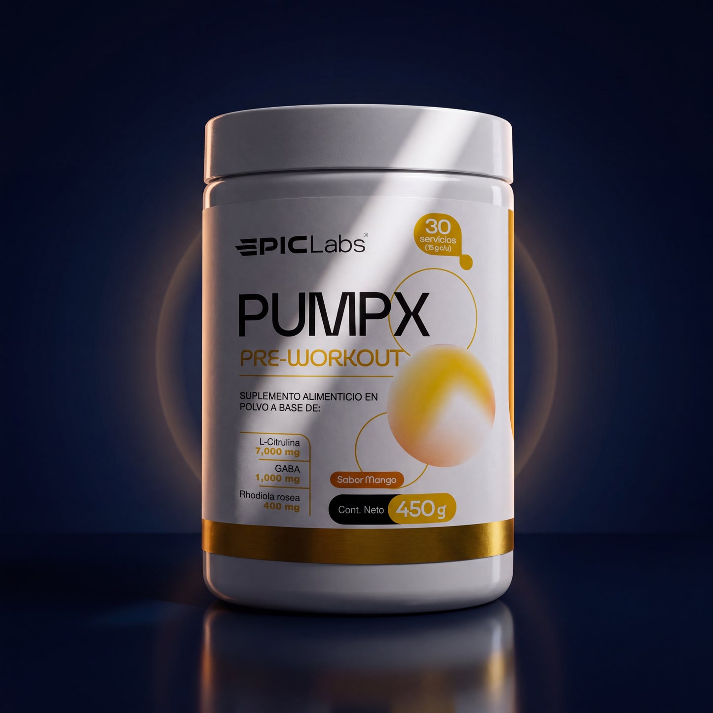 Packshot de PUMPX estilo joyería sobre fondo navy