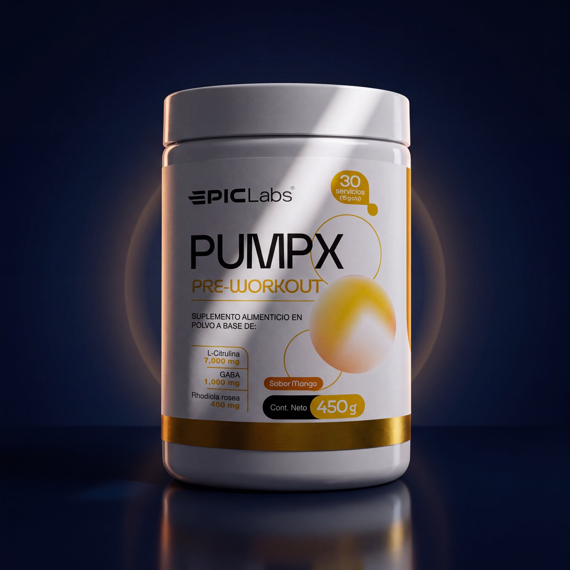 Packshot de PUMPX estilo joyería sobre fondo navy