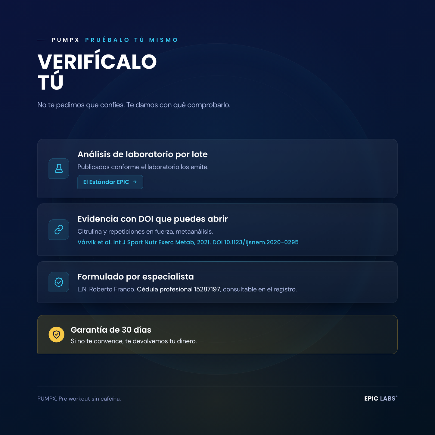 Como verificar PUMPX: analisis de laboratorio por lote, evidencia con DOI, formulado por especialista con cedula y garantia de 30 dias