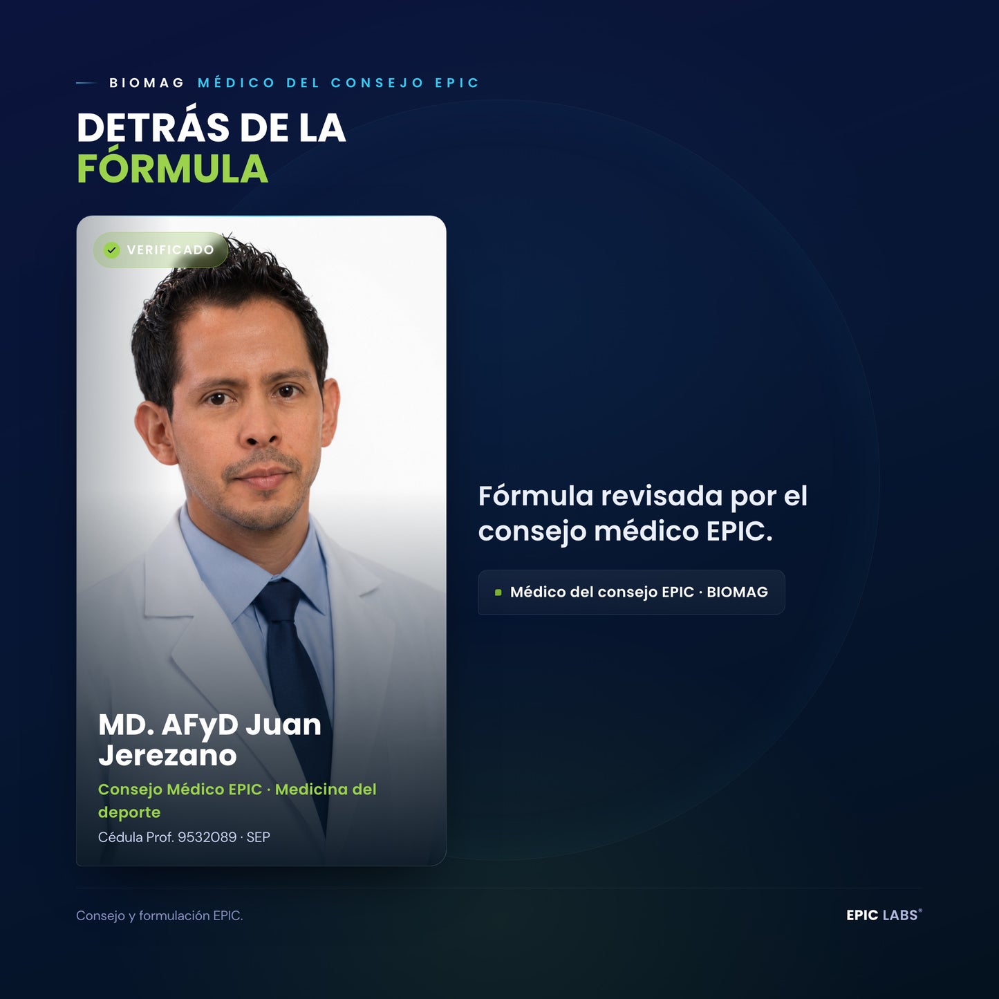 Respaldo real: MD. AFyD Juan Jerezano, medico del consejo EPIC, medicina del deporte